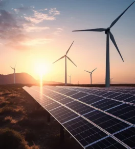 Solarmodule und Windkraftanlagen bei Sonnenuntergang