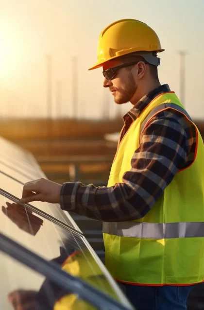 Techniker überprüft Solarpanel bei Sonnenuntergang