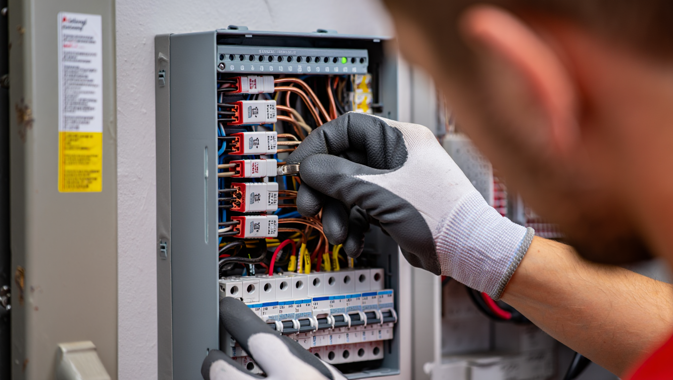 Ein Elektriker arbeitet an einem Sicherungskasten und verbindet farbige Drähte. Die Person trägt Arbeitshandschuhe und konzentriert sich auf die Installation elektrischer Komponenten.
