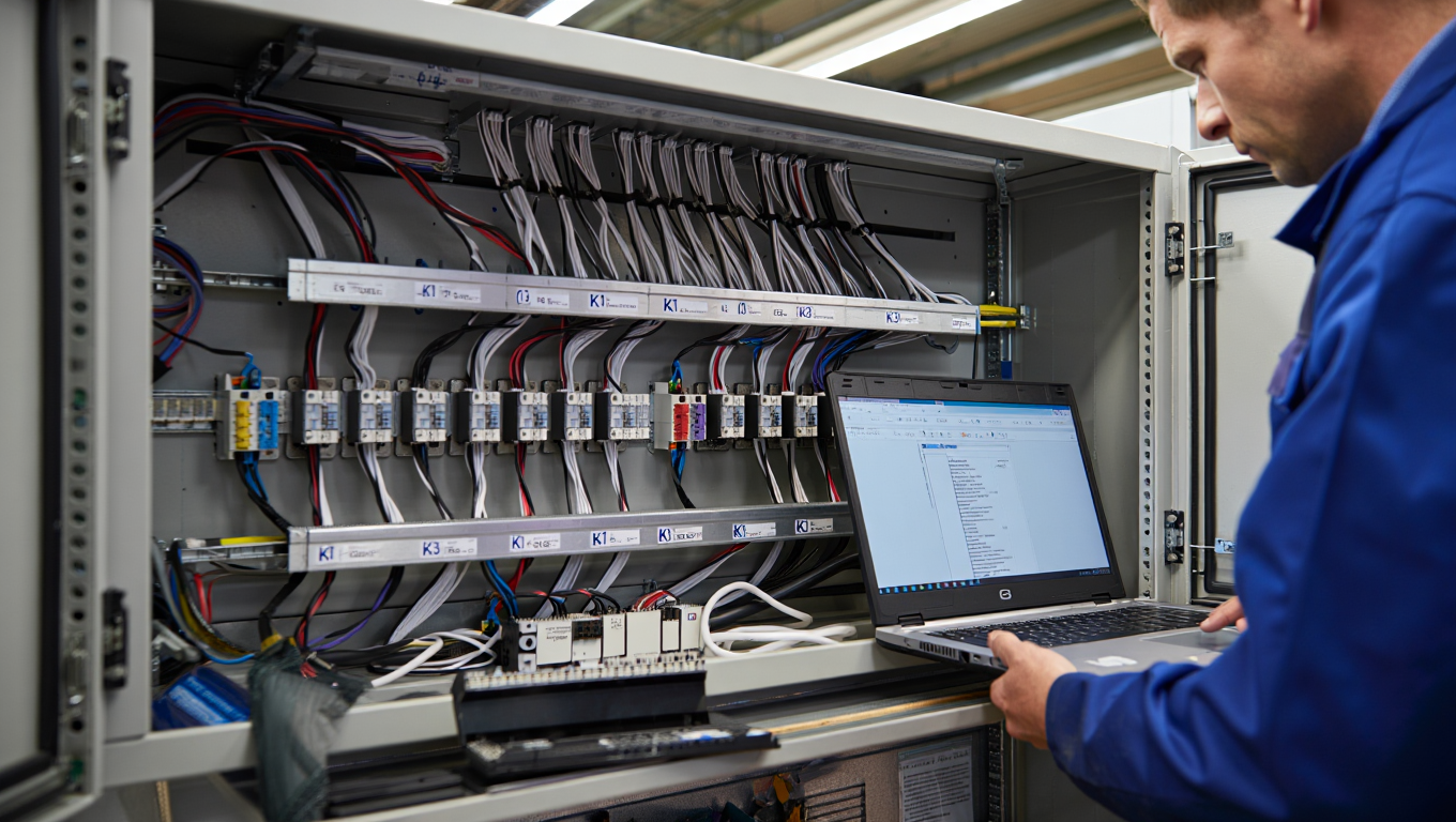 Techniker überprüft elektrische Steuerung im Schaltschrank mit Laptop zur Systemdiagnose und Datenanalyse.