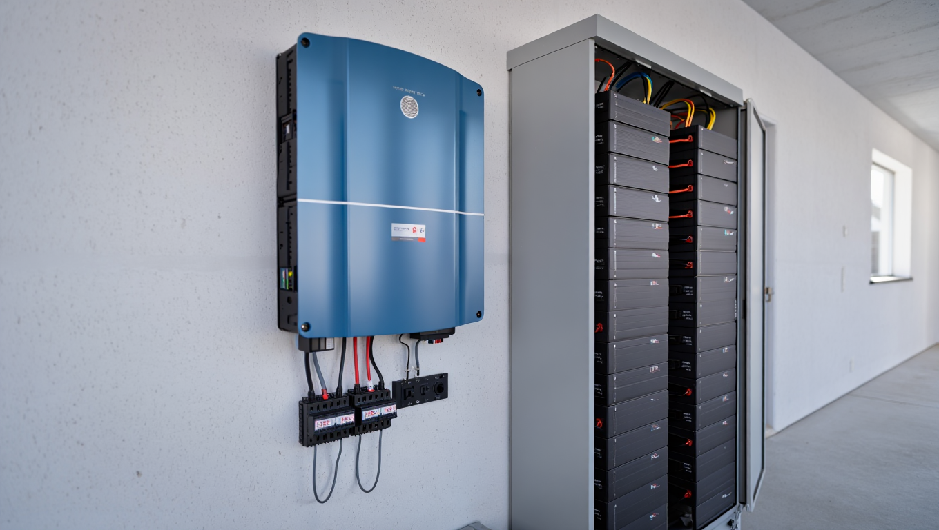 Blick auf einen Solarwechselrichter in blauer Farbe, montiert an einer Wand, neben einem Batteriespeicher mit mehreren Fächern zur Energieerzeugung und -speicherung.