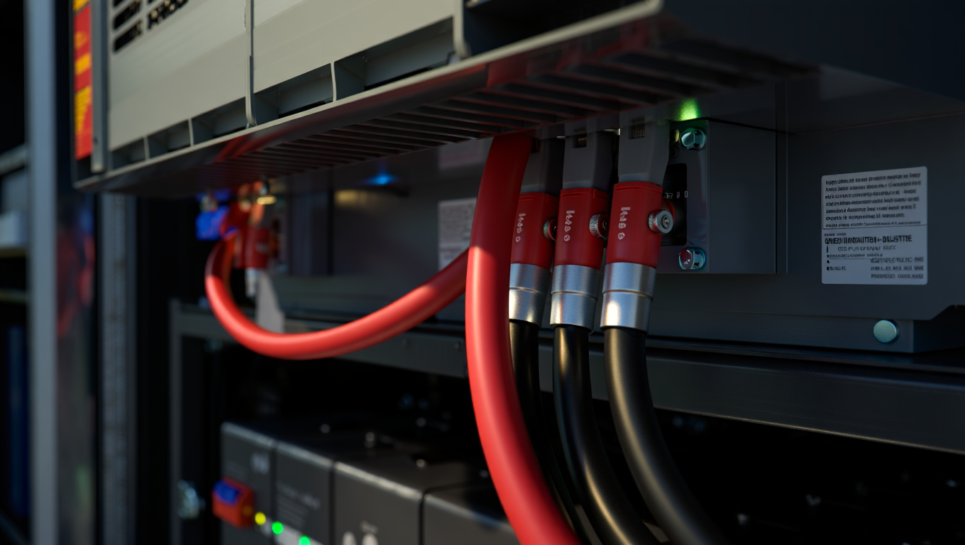 Nahaufnahme von Netzwerkkabeln in einem Serverraum, mit roten und schwarzen Kabeln, die an einen Netzwerk-Switch angeschlossen sind. LEDs zeigen den Betriebsstatus an.