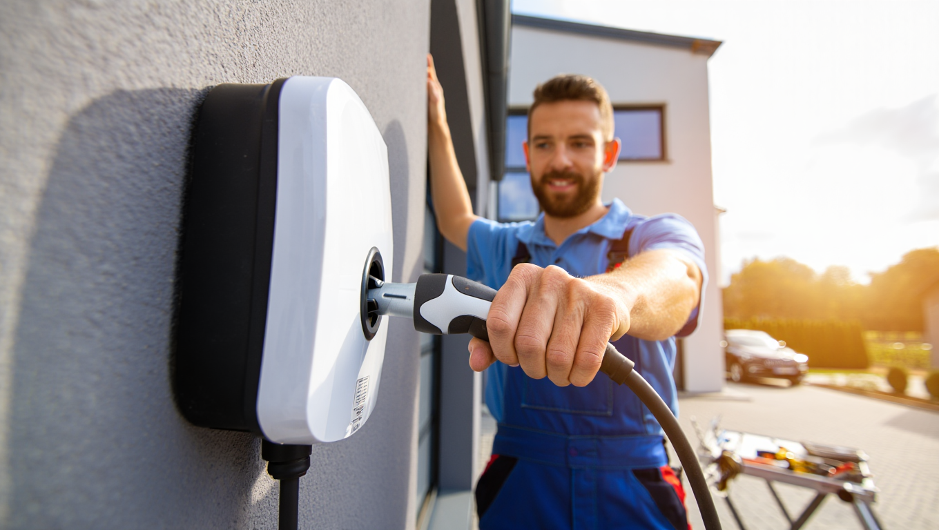Ein Techniker installiert eine Ladestation für Elektroautos an einer Hauswand. Er hält den Stecker in der Hand und lächelt, was auf eine erfolgreiche Installation hinweist.