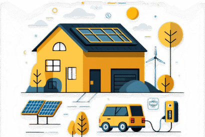 Illustration eines modernen, gelben Hauses mit Solarpanelen auf dem Dach, umgeben von Bäumen, einem Elektroauto und einer Ladestation, die nachhaltige Energie und umweltfreundliches Wohnen symbolisieren.