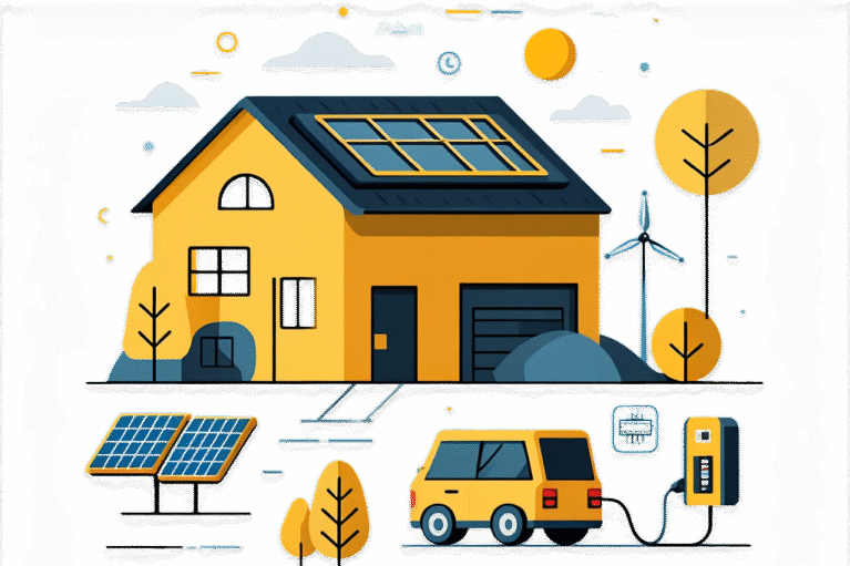 Illustration eines modernen, gelben Hauses mit Solarpanelen auf dem Dach, umgeben von Bäumen, einem Elektroauto und einer Ladestation, die nachhaltige Energie und umweltfreundliches Wohnen symbolisieren.