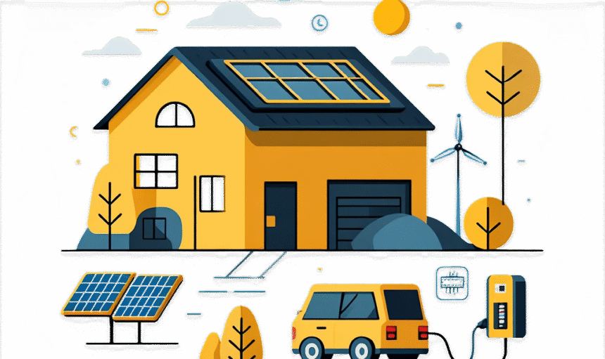 Illustration eines modernen, gelben Hauses mit Solarpanelen auf dem Dach, umgeben von Bäumen, einem Elektroauto und einer Ladestation, die nachhaltige Energie und umweltfreundliches Wohnen symbolisieren.