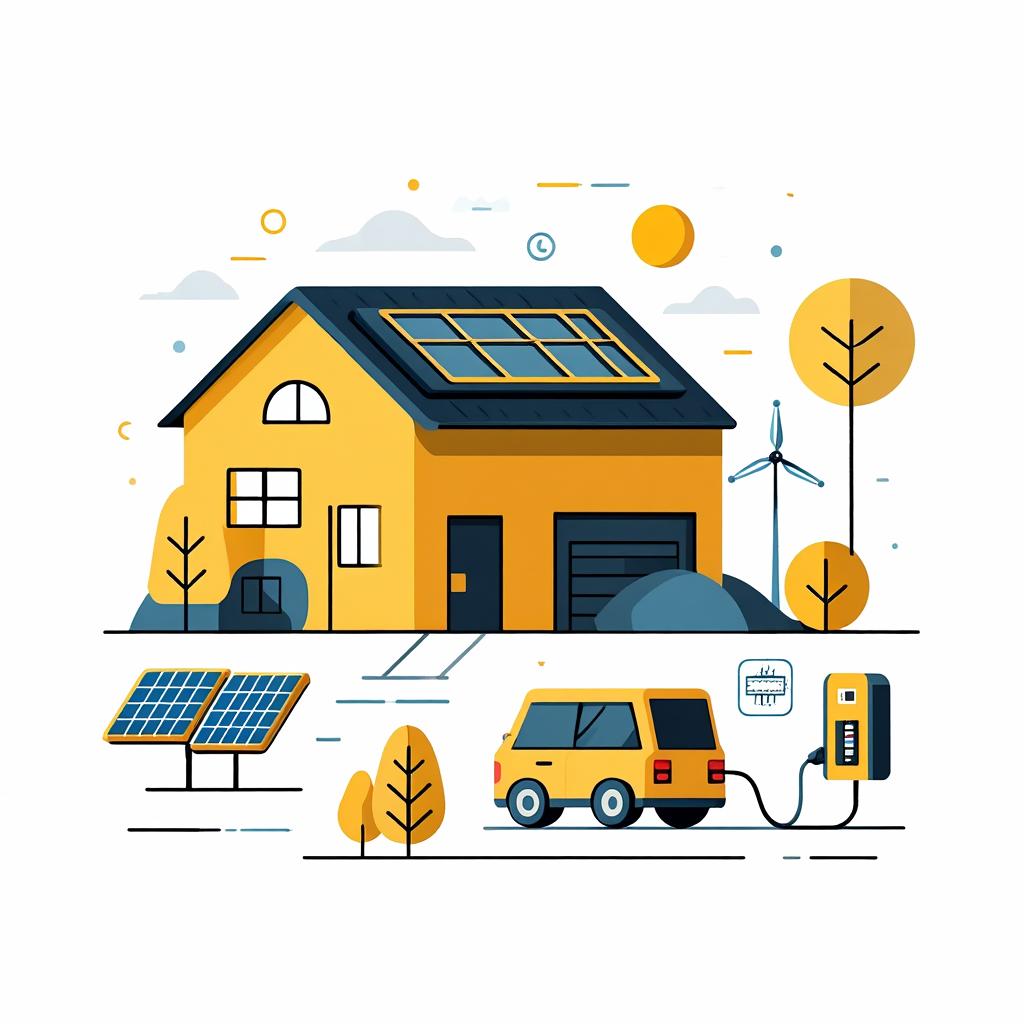 Illustration eines modernen, gelben Hauses mit Solarpanelen auf dem Dach, umgeben von Bäumen, einem Elektroauto und einer Ladestation, die nachhaltige Energie und umweltfreundliches Wohnen symbolisieren.