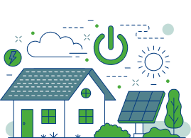Illustration eines umweltfreundlichen Hauses mit Solarpanel, Sonne und Wolken, symbolisiert nachhaltige Energie und moderne Technologie.