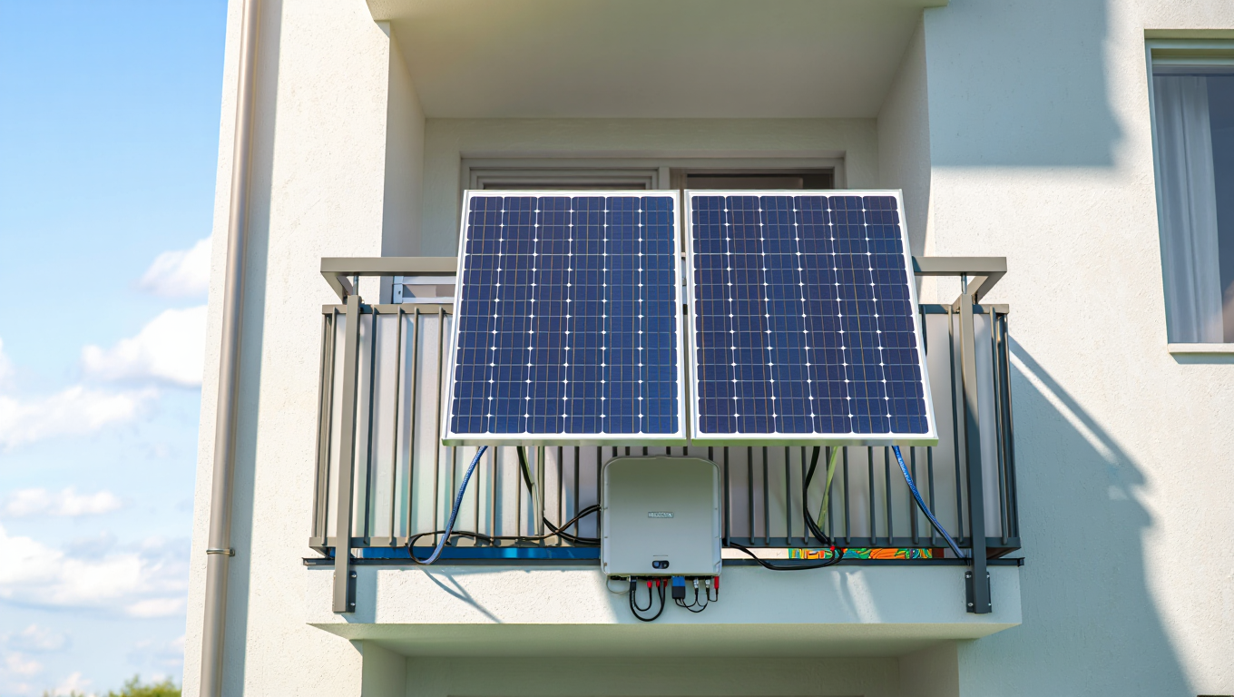 Solaranlage auf einem Balkon mit zwei Solarpanelen und einem Wechselrichter, ideal für die Nutzung erneuerbarer Energien in städtischen Wohnbereichen.