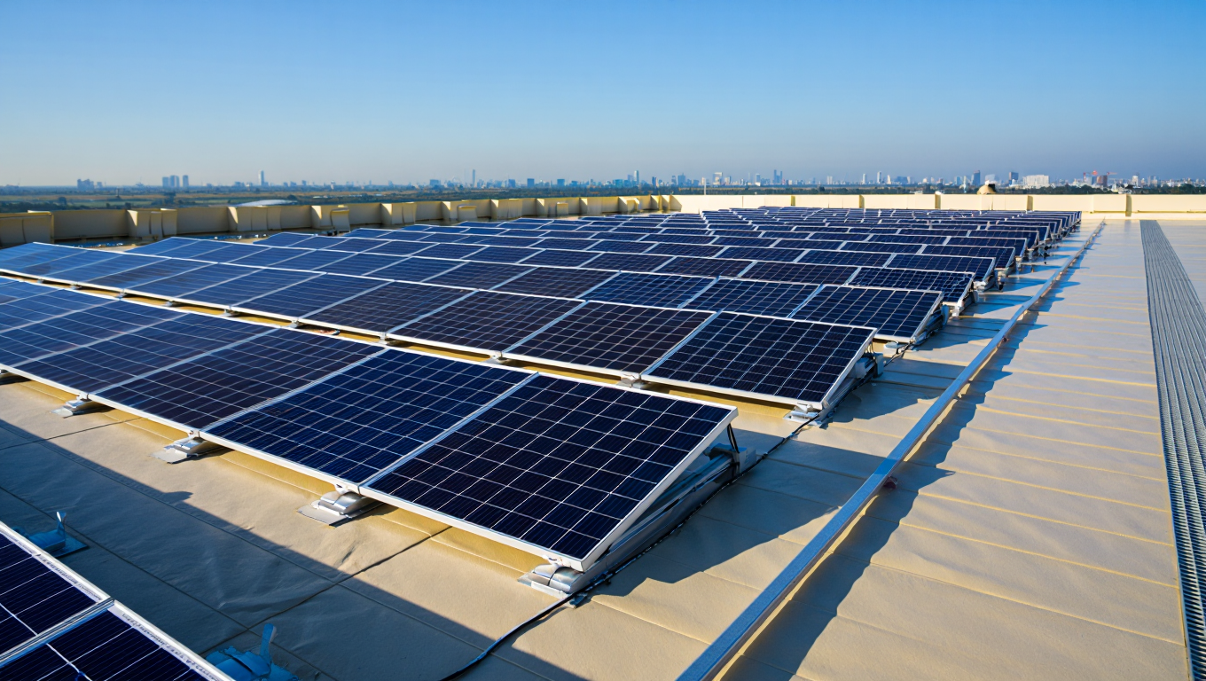 Solaranlage auf einem Dach mit mehreren Photovoltaikmodulen unter klarem Himmel, ideal zur Nutzung erneuerbarer Energie.