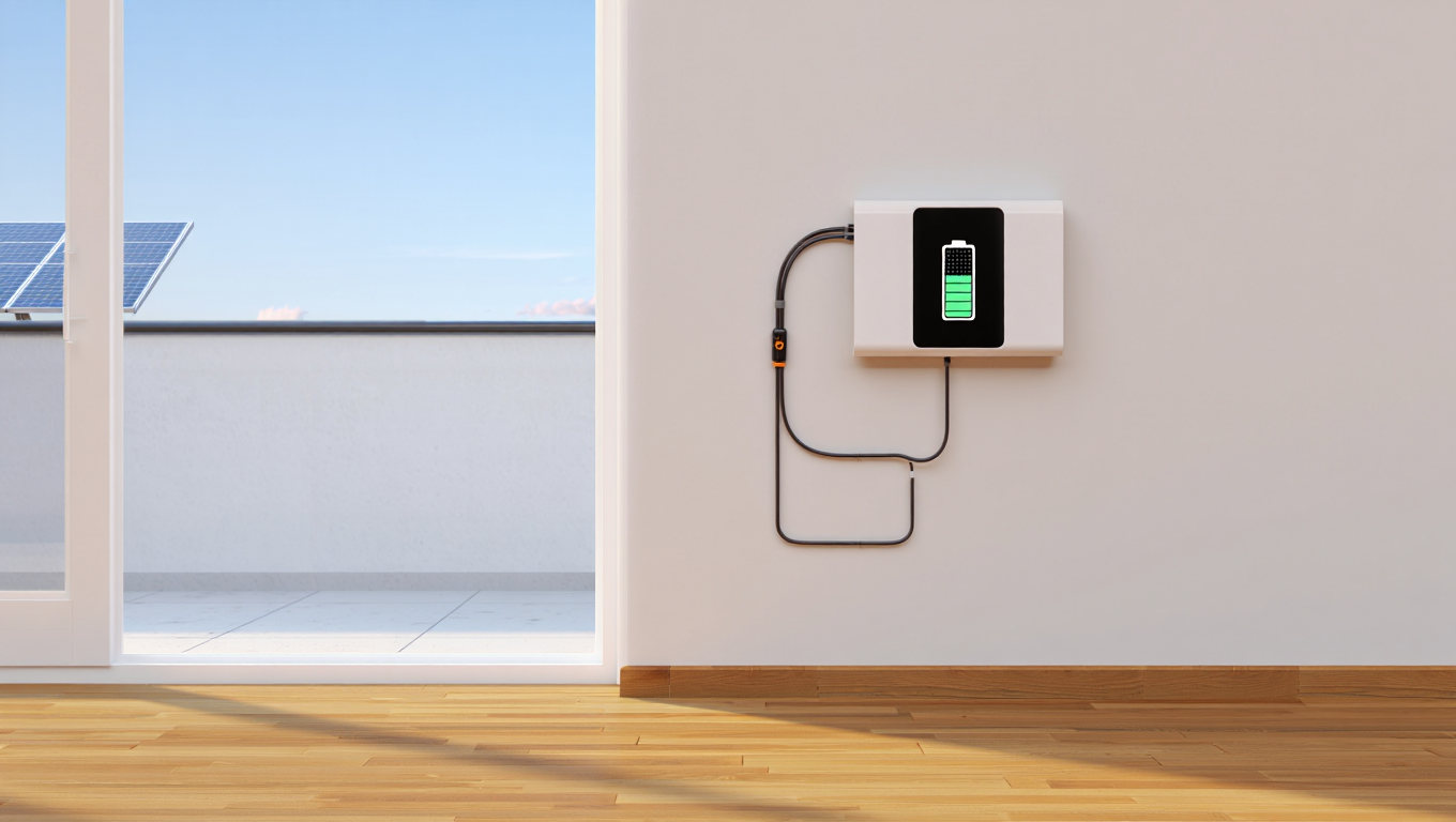 Wandmontierte Ladestation für Elektroautos mit Ladeanzeige, in modernem Raum mit Holzfußboden und Fenster.