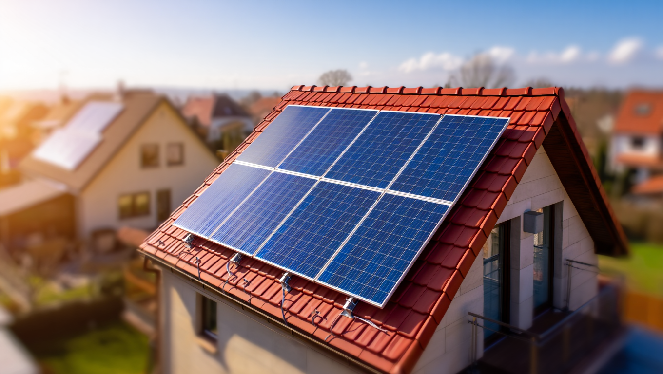 Solaranlage auf einem roten Dach mit mehreren Solarpanelen, die Sonnenlicht zur Energiegewinnung nutzen.