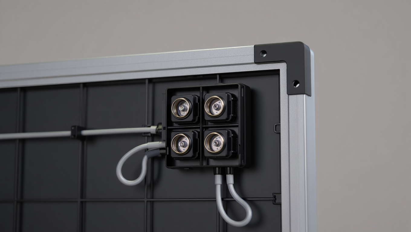 Detailaufnahme einer LED-Leuchte mit vier Lichtquellen, montiert auf einem Aluminiumrahmen, mit sichtbaren Kabelverbindungen für die Stromversorgung.