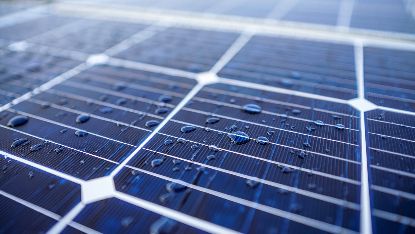 Nahaufnahme von Solarpanelen mit Wassertropfen, die die Oberfläche reflektieren, ideal für erneuerbare Energien und nachhaltige Technologien.