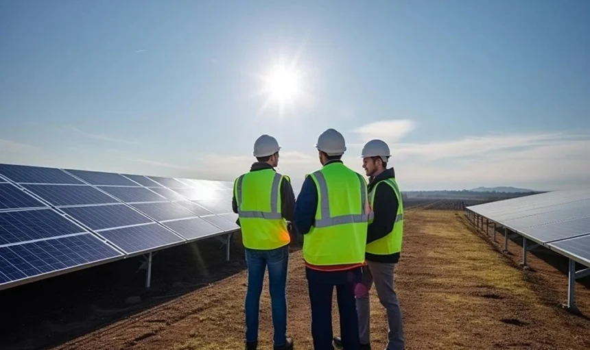 Drei Ingenieure inspizieren Solarmodule bei Miat Solartech GmbH