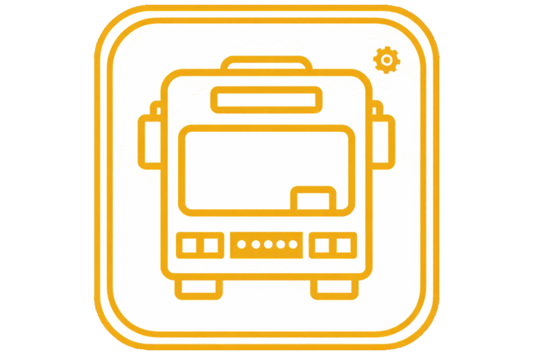 Icon eines Busses auf einem gelben Hintergrund, symbolisiert öffentliche Verkehrsmittel und Mobilität.