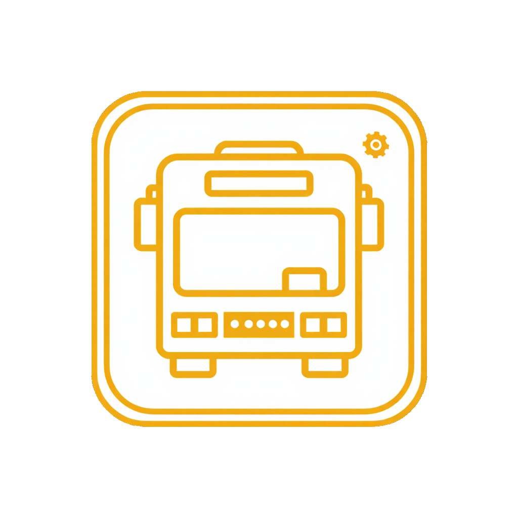 Icon eines Busses auf einem gelben Hintergrund, symbolisiert öffentliche Verkehrsmittel und Mobilität.