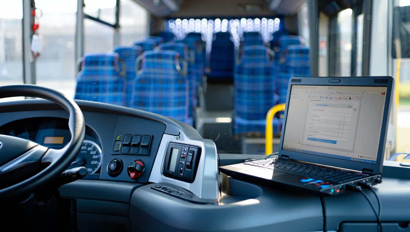 Fahrerplatz in einem Bus mit einem Laptop auf dem Armaturenbrett und leeren Sitzen im Hintergrund.